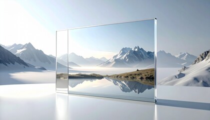 Glass panel reflecting mountain landscape with snow-capped peaks and serene lake