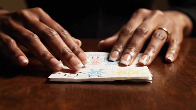 Hands folding a child's drawing of people and a sun on a wooden table