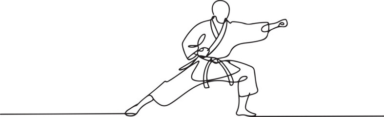 One continuous line drawing karateka fighter in kimono practicing karate kick combat. one line Art icon drawing vector © mst