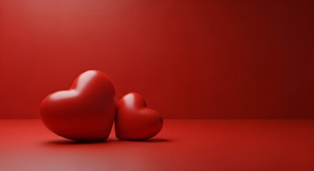 Two vibrant red hearts symbolize affection and connection on a rich red background
