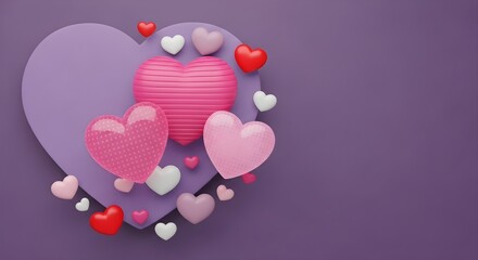 A charming display of pink, red, and white hearts on a vibrant purple background, perfect for love