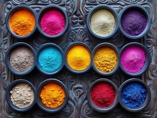 Decorative Bowls Filled with Colorful Pigments in a Symmetrical Pattern