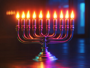 A Modern Neon Menorah Glowing on a Sleek, Dark Background