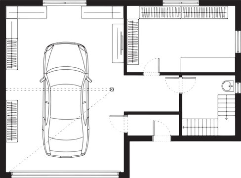 Architectural blueprint of a modern house, showcasing a garage with a car parked inside and the interior layout of the home. 