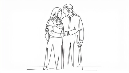 Obraz premium Line drawing of affectionate couple in traditional clothing