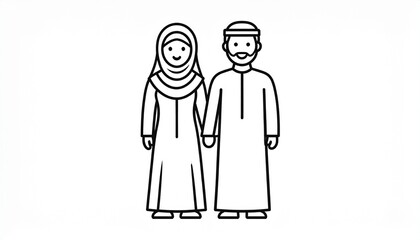 Muslim couple in traditional clothing, line art illustration