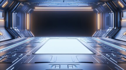 Obraz premium Futuristic spaceship corridor with glowing lights and metal walls