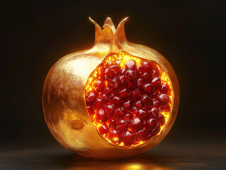 A Metallic Gold Pomegranate with a Bright Glowing Interior Light