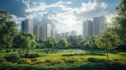 Fototapeta premium Urban oasis verdant park with modern buildings under a bright, cloudy sky