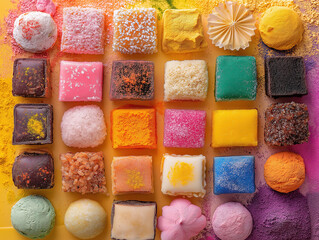 A Creative Holi-Themed Flat Lay with Sweets and Colorful Powders