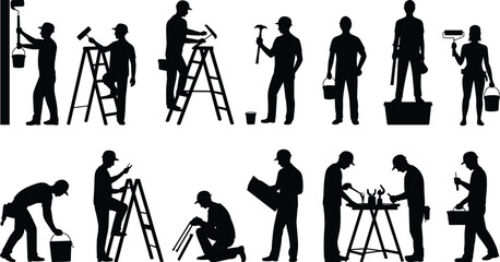 Painter and handyman worker silhouettes using ladders, buckets and tools, home renovation and maintenance activities, black vector illustration set isolated on white