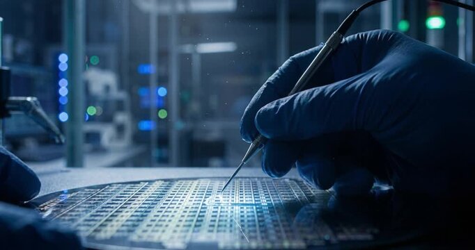 Close up of semiconductor chip inspection in laboratory