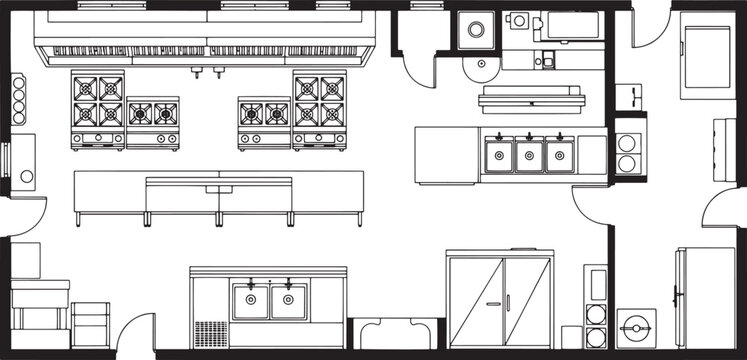 An overhead view of a modern kitchen floor plan, meticulously designed with sleek stainless steel appliances, creating a functional and stylish cooking space.