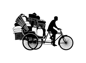 Man Riding Overloaded Cycle Rickshaw Silhouette Vector Art