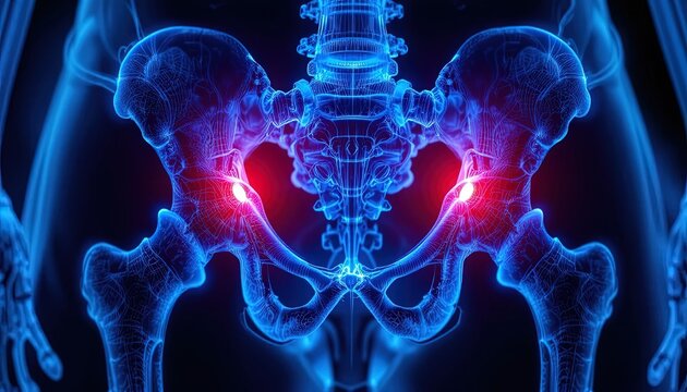 Glowing blue pelvis and hip bones with highlighted pain points