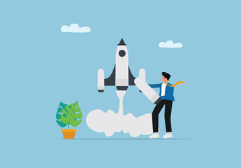 Obraz premium Digital Illustration of Rocket Launch, Innovation, Ambition, Startup Growth, Business Success, and New Project Development Concept for Modern Technology and Creative Entrepreneurship