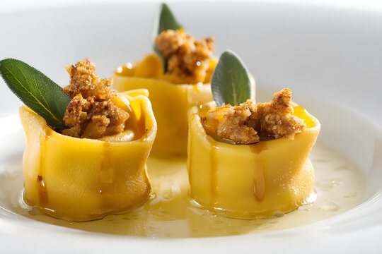 Gourmet Cappellacci Pasta Dish with Butternut Squash and Crispy Topping on Elegant Plate
