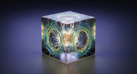 Obraz premium Intricate luminous abstract light patterns contained within a crystal clear cube showcasing