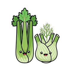 Cartoon Celery and Fennel Characters Smiling.
