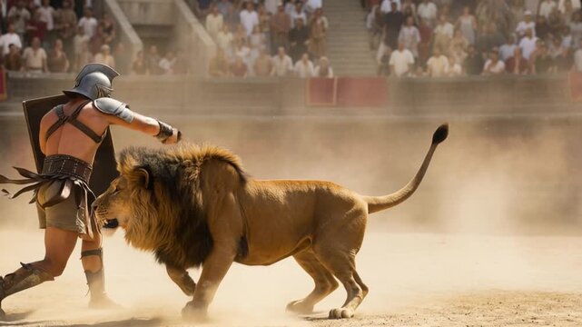 Roman gladiator lion fight in ancient dusty arena. 4K Video