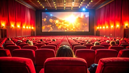 Fototapeta premium Cinema auditorium with red seats and audience watching movie