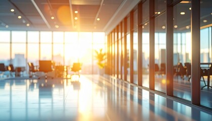 Modern office interior with sunlight streaming through large windows