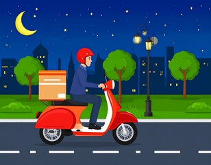 Delivery person on red scooter at night, cityscape background