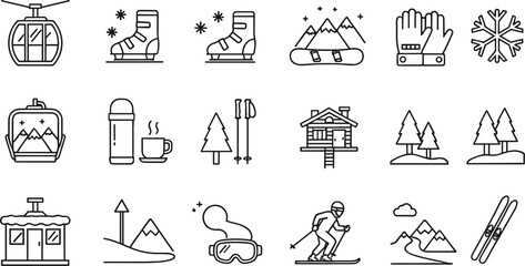 Winter Sports and Ski Resort Line Icon Set with Snowboarding, Skiing, Equipment, Cabins, Mountains, and Cold Weather Activities Outline Vector Collection