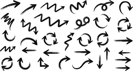 Obraz premium Hand Drawn Arrow and Direction Doodle Vector Set with Sketchy Lines, Curved Pointers, and Grunge Marker Strokes for Infographics and Design