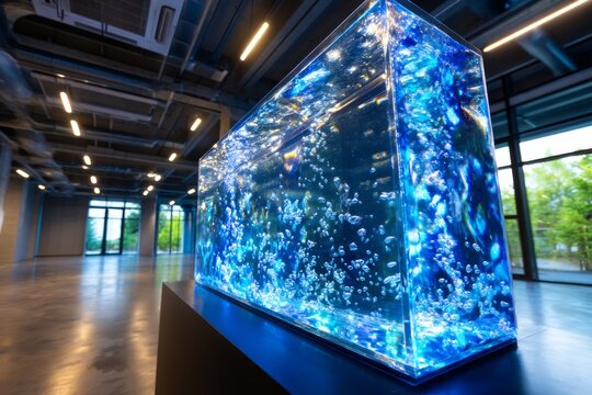 Giant Aquarium with Lights Still On and No Visitors in Modern Space
