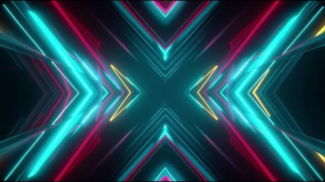 Vibrant neon lights create a symmetrical pattern in a dark environment, viewed from a central perspective as seen in 0201(9).mov