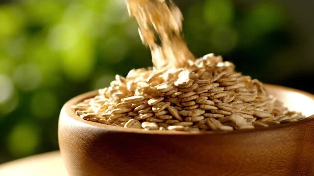 Oats Pouring into Wooden Bowl Slow Motion.
