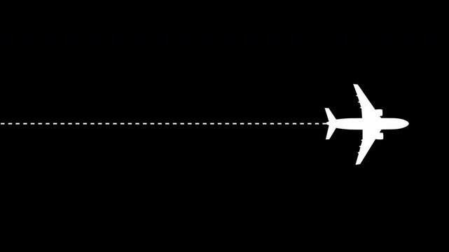 Animated airplane flying on dash line path from left to right with start point and dash line trace. Dashed line route animation on transparent background 4k