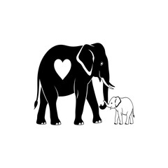 Fototapeta premium Mother Elephant and Baby Silhouette with Heart – Cute Animal Family Love Vector Illustration