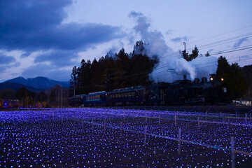 日光市　東武鬼怒川線　イルミネーションの中を走行するSL大樹