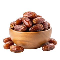 A wooden bowl filled with fresh dates