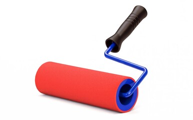 Isolated red paint roller with blue frame and black handle on white backdrop