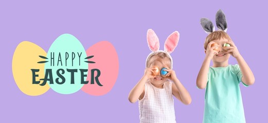Cute little children with bunny ears and painted eggs on lilac background. Greeting Easter banner
