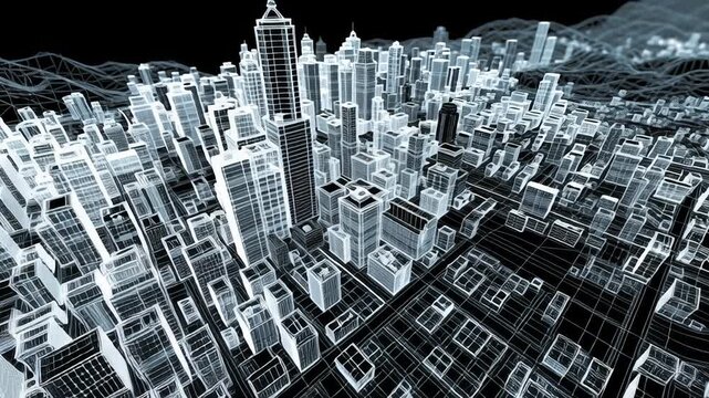 A city skyline is shown in a 3D. The buildings are tall and the streets. Digital twin city model visualization, abstract urban grid, minimal smart city design, clean modern composition