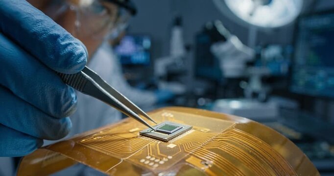 Scientist hands analyzing microchip in laboratory setting
