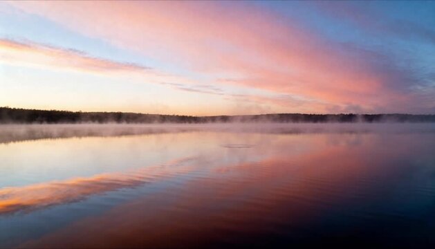 cinematic tracking shot over a calm mirror like lake at dawn perfect for world water day
