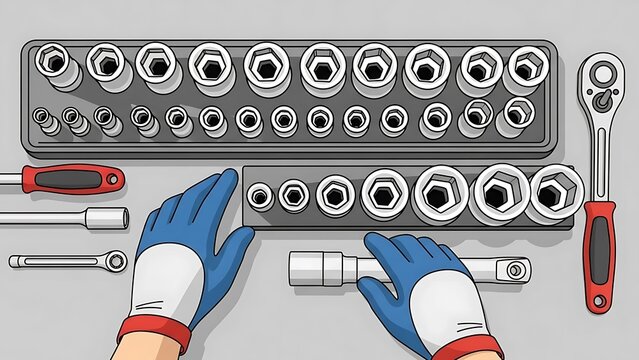 Mechanics hands in blue gloves assembling a socket wrench set with various tools on a grey background.