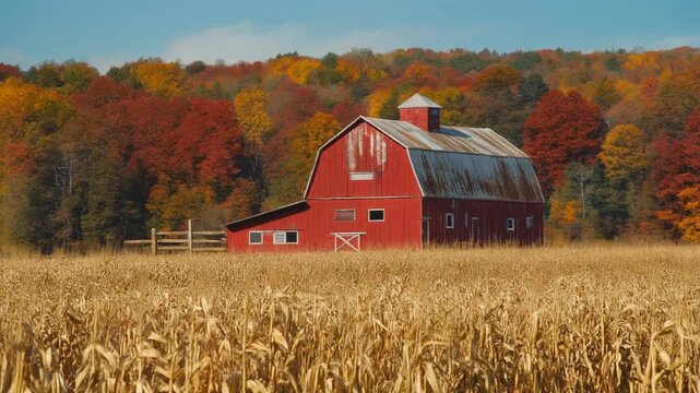 Red Barn and Golden Field. Fall Foliage in Rural Countryside. A cinematic, wide shot of a classic, weathered red barn standing alone in a vast field of golden, dried corn stalks.
