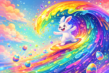Naklejka premium Osterhase surft auf einer bunten Welle - Cooles Oster Design - Witziges Osterhasen Poster - Osterfest Wallpaper