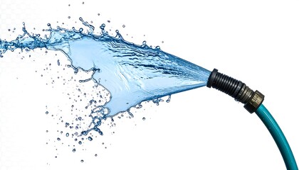 Turquoise garden hose spouting a stream of water with many droplets against a plain white background