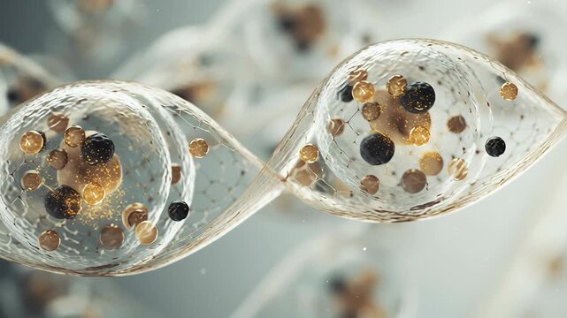 Science of longevity concept art, abstract cellular regeneration imagery combined with biological harmony, minimal and elegant composition, trustworthy scientific tone, editorial medical illustration 