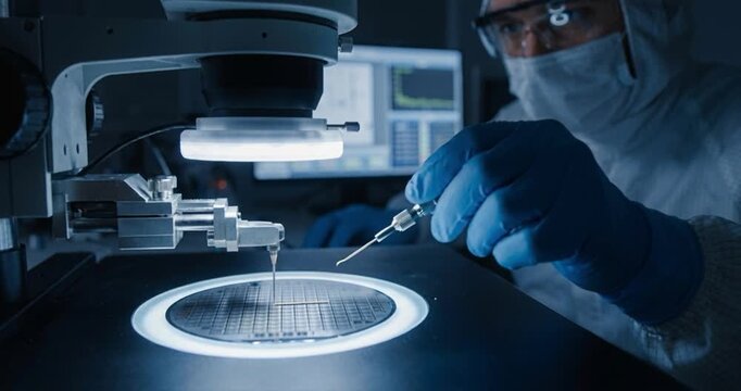 Scientist in protective gear working with advanced microscopy equipment