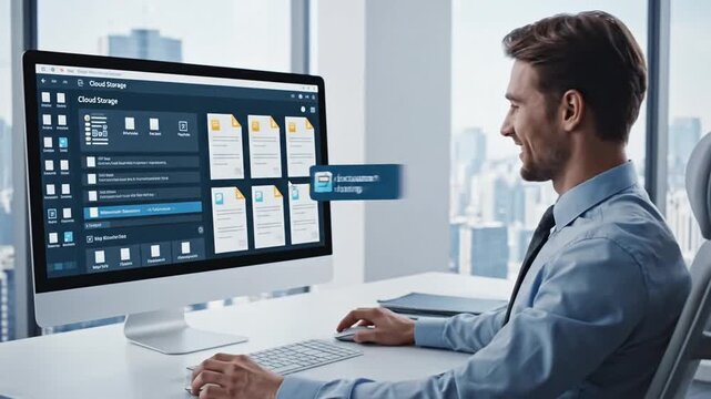 Professional businessman utilizing computer for cloud service document management system and digital file storage infrastructure within high-tech workspace environment office setting.