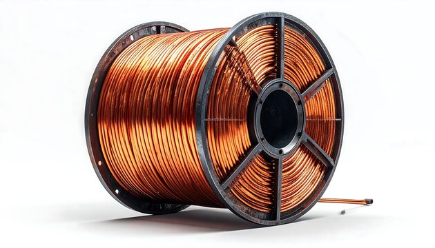 Tightly wound bright copper wire on a black industrial spool against a bright white background is presented
