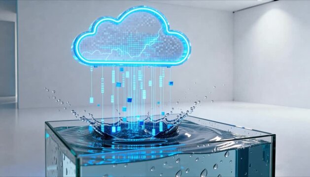 3d digital cloud raining glowing data bits into water tank perfect for world water day